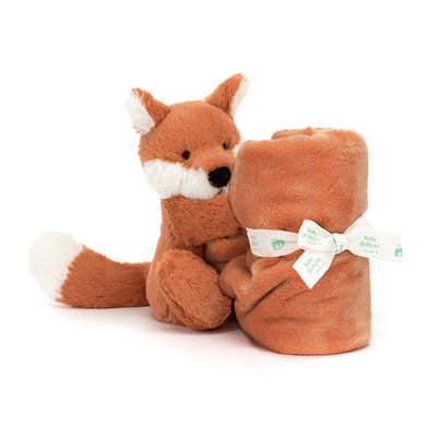 Jellycat Bashful Fox Cub Soother made from recycled fibers, featuring soft orange fur and cream-colored face detail, isolated on white background