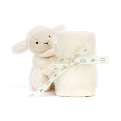 Jellycat Bashful Lamb Soother with cream recycled fur and attached comfort square, shown against a neutral studio background
