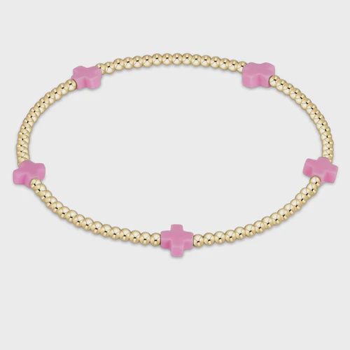 Signature Cross Small Gold Pattern 2mm Bead Bracelet - Bright Pink