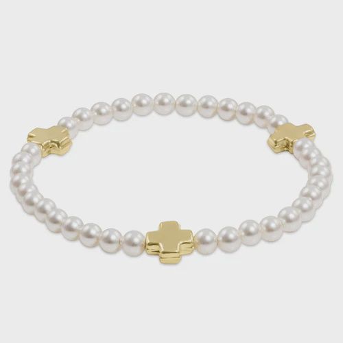 Extends- signature cross pearl pattern 4mm bead bracelet - gold