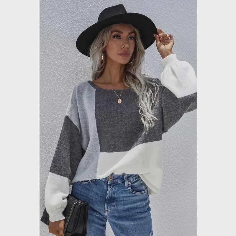 Color Block Round Neck Sweater Top Grey
