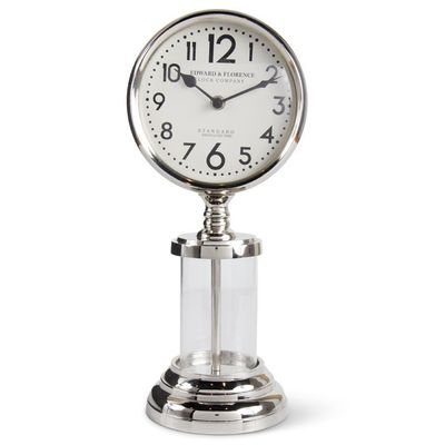 K&amp;K Interiors 15-inch vintage gas pump clock with polished silver finish, shown against a neutral background