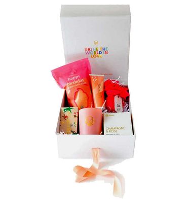 Musee Happy Birthday Luxury Spa Gift Set displayed on a neutral background with handwritten note card, featuring bottled spa products and gift packaging.