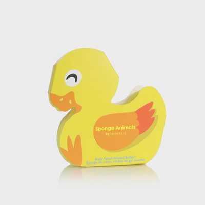 Yellow duck-shaped Spongellé body wash infused bath sponge for kids isolated on white background