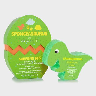 Spongellé T-Rex dinosaur-shaped body wash buffer in green, displayed against a white background