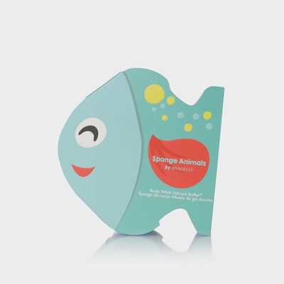 Spongellé fish-shaped bath sponge infused with kids body wash on white background