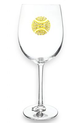 Jeweled wine glass with tennis ball stem design, featuring crystal bowl and decorative gemstone accents on stem against white background