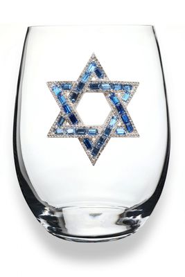 Jeweled stemless wine glass with Star of David design, featuring crystal embellishments on clear glass, studio shot with white background