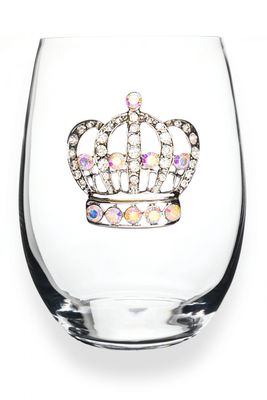 Crown stemless wine glass with jeweled crystal detailing and gold-tone rim on white background