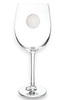 Golf ball-shaped jeweled wine glass with crystal stem on a neutral background, showcasing decorative gemstone detailing