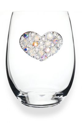 Multi-stone heart stemless glass with colorful embedded gemstones on white background
