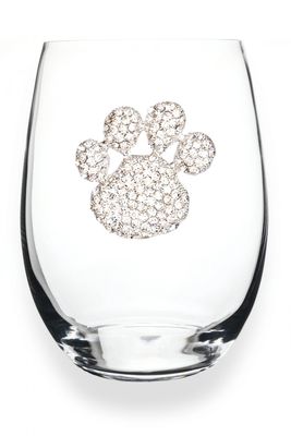 Paw print jeweled stemless wine glass on white background, featuring rhinestone embellishments around the rim