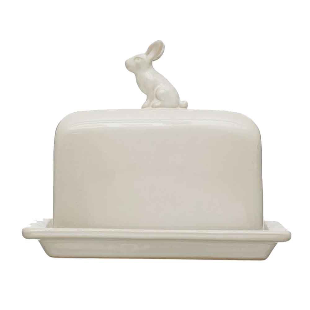 Stoneware Butter Dish with Rabbit Finial, White