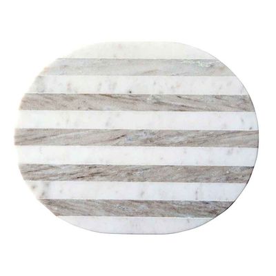 Marble cutting and cheese board with integrated display stand on white background, showcasing natural stone surface and wooden base