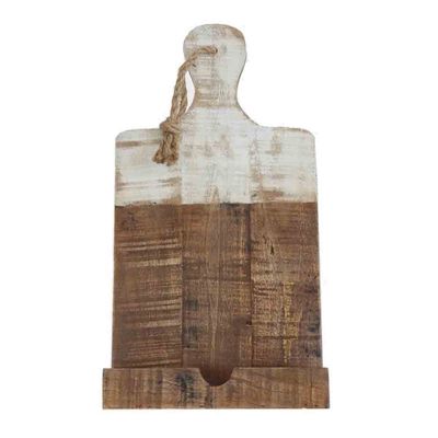 Natural wood tablet and magazine holder with woven rope handles on white background
