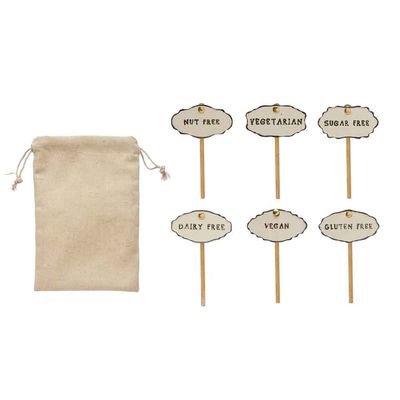 CreativeCo-Op stoneware and stainless steel food markers with cotton against a neutral background
