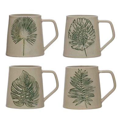 14 ounce stoneware mug with debossed leaf detail and reactive crackle glaze finish, displayed against a neutral background