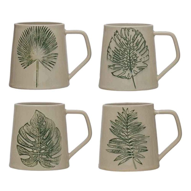 14 oz. Stoneware Mug with Debossed Leaf, Reactive Crackle Glaze, 4 Styles