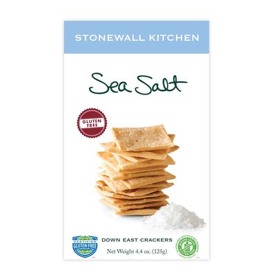 Box of Stonewall Kitchen gluten free sea salt crackers displayed against a clean white background