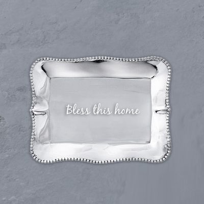 Beatriz Ball rectangular tray with engraved Bless This House text, shown on neutral studio background