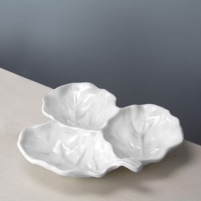 Beatriz Ball white Lettuce triple dip serving dish with organic leaf-shaped compartments on a plain background