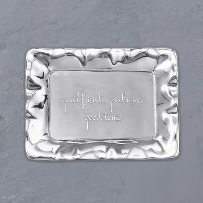 Beatriz Ball engraved aluminum tray with Good Friends Wine text, isolated on white background