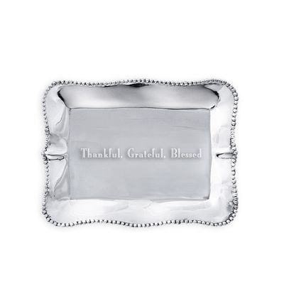 Pearl rectangular tray by Beatriz Ball with embossed text reading Thankful Grateful Blessed, shown on neutral background