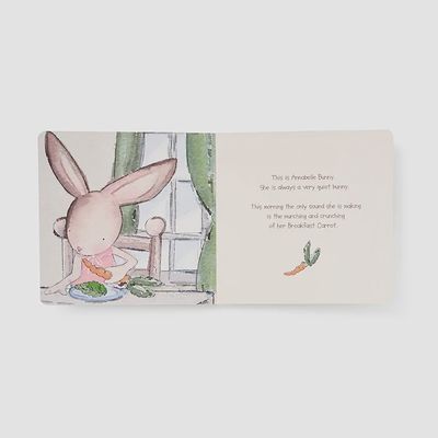 Quiet Bunny board book displayed in a lifestyle setting, showing the cover with bunny design suitable for babies and toddlers