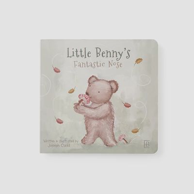 Elegant Baby Benny Bear hand-illustrated board book displayed against a white background, showing the colorful cover art featuring a bear character