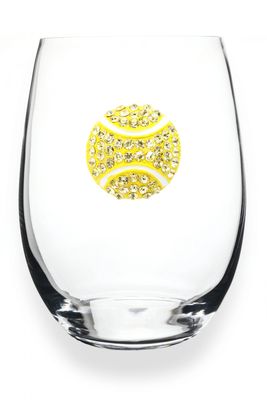Jeweled stemless wine glass with tennis ball yellow design and crystal embellishments on white background