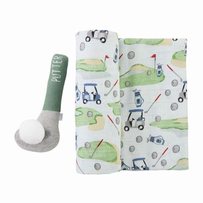 Mud Pie golf-themed muslin swaddle blanket and sweater knit rattle set displayed on white background