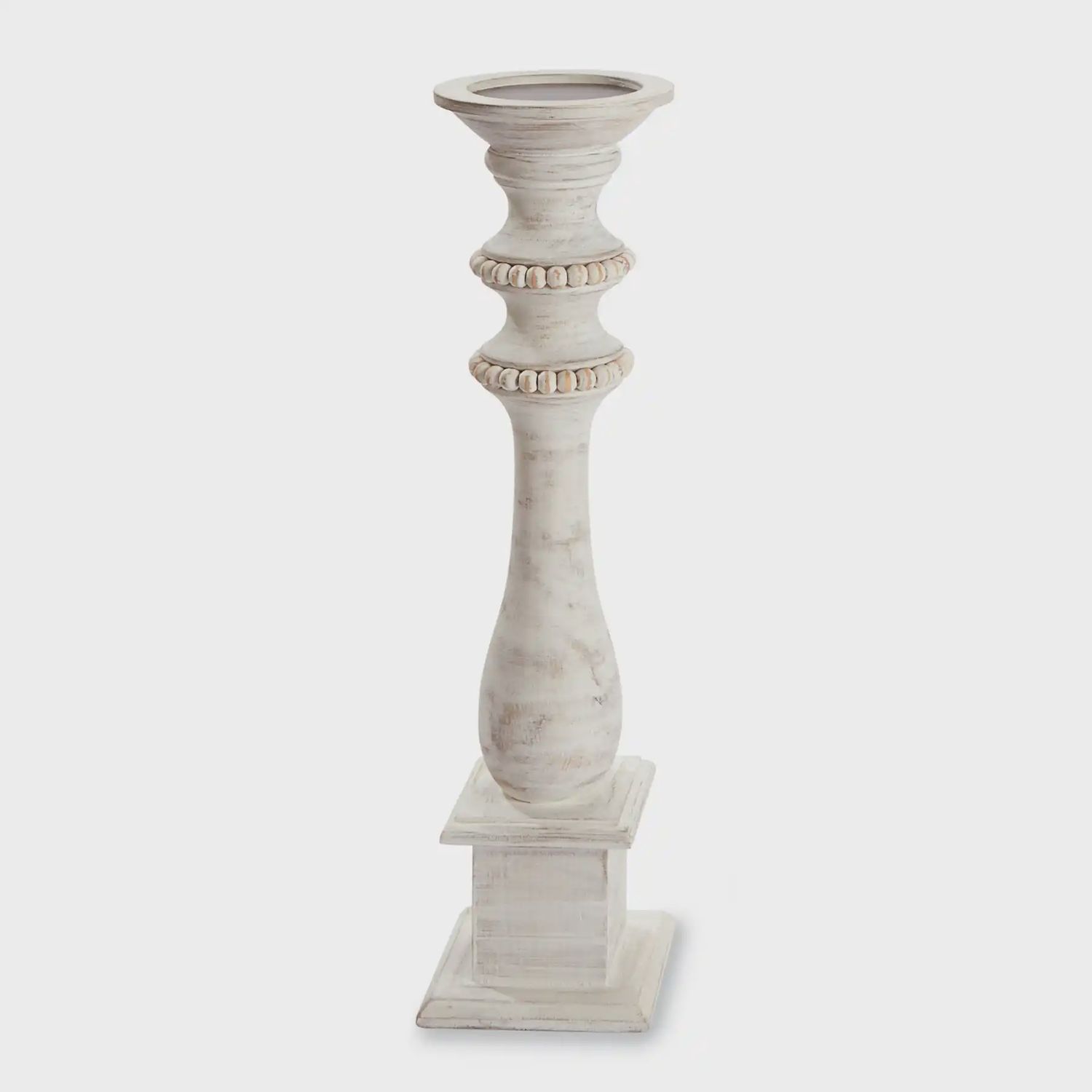 MEDIUM WHITE-WASHED BEADED CANDLEHOLDER