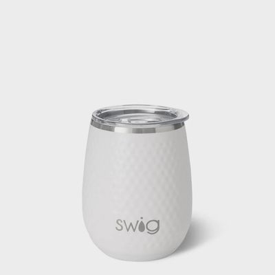 Swig Life Golf Partee stemless wine cup in 14oz size with dimple design pattern, shown on white background in studio setting