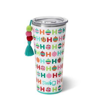 Swig Life HoHoHo 22oz slim tumbler in red with white HoHoHo text print and attached tassel charm, displayed on white background