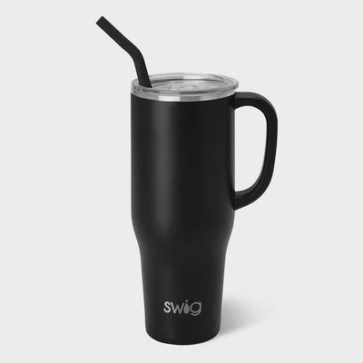 Swig Life black 40oz mega mug with comfort-grip handle and flexi-tip straw on white background