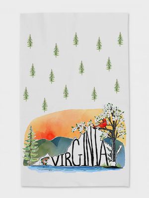 Scenic Virginia cotton tea towel displayed flat in studio lighting, showing printed landscape design on natural cotton fabric.