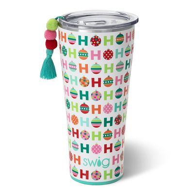 Swig Life HoHoHo 32oz slim tumbler in red with gold lettering and attached tassel charm on white background