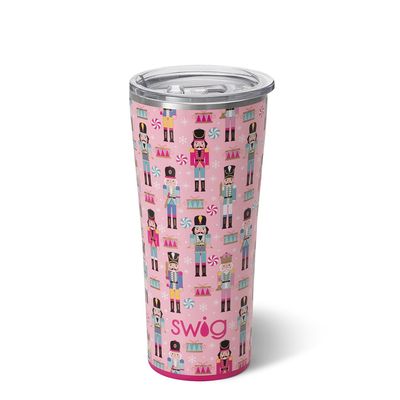 Swig Life Nutcracker 22oz Slim Tumbler in red and white holiday-themed design, isolated on white background