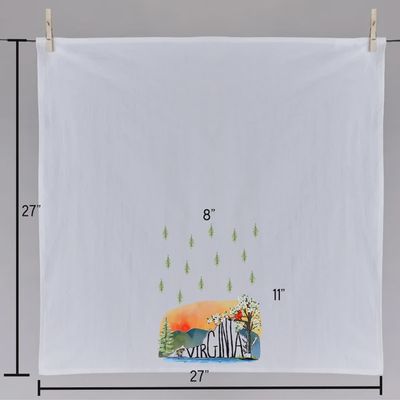Scenic Virginia cotton tea towel by Sweetgum Studio displayed in a kitchen setting, showing the woven texture and printed landscape design.