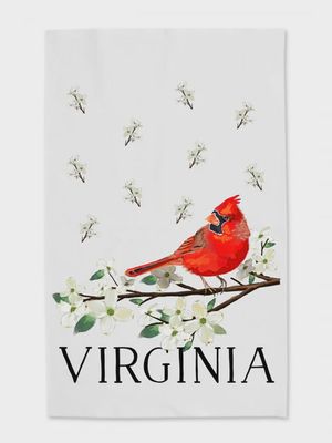 Virginia Cardinal tea towel displayed flat on a neutral background, featuring cardinal bird design by Sweetgum Studio