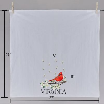Virginia Cardinal tea towel by Sweetgum Studio displayed on a kitchen counter with natural lighting