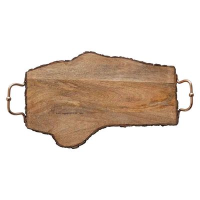 Asymmetrical mango wood serving tray with natural live edge and carved handles on white background