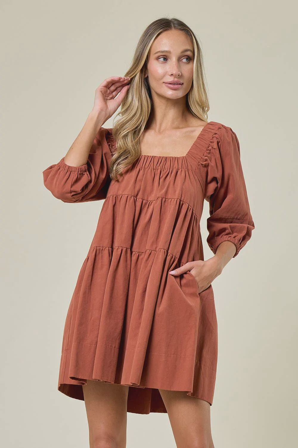 Denim Babydoll Dress with Square Neck Line - DkRust