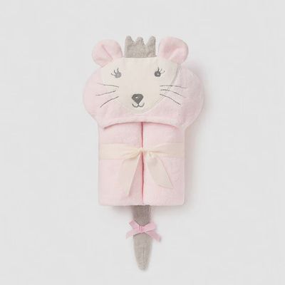 Cream cotton velour terry bath wrap with mouse hood and ears for infants, displayed on neutral background