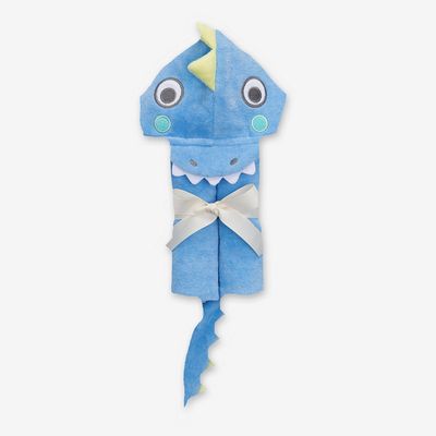 Baby blue cotton velour hooded bath wrap with dinosaur design, laid flat in studio setting