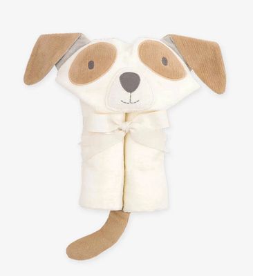 Cream-colored hooded baby bath wrap in 100% cotton velour terry with embroidered puppy design, displayed flat on white background