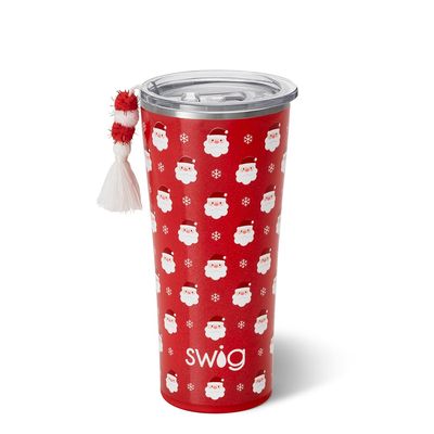 Swig Life Santa Baby 22-ounce insulated tumbler with festive red and white holiday design, studio background