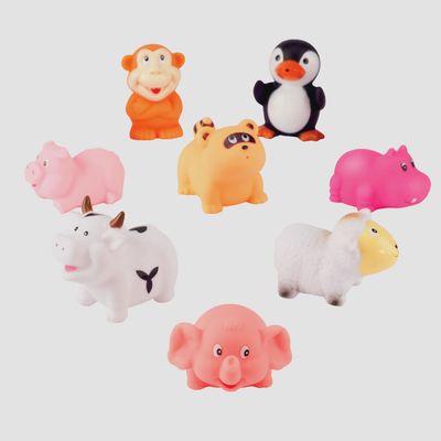 Six colorful animal-shaped bath squirt toys displayed in a bathtub water scene, showcasing the BPA-free rubber toy set for babies