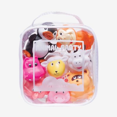 Six colorful BPA-free animal squirty toys arranged on white background, featuring various animal designs in bright colors for bath play