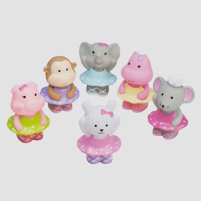 Set of six BPA-free ballet-themed squirtie bath toys in pastel colors arranged in bathwater during playtime